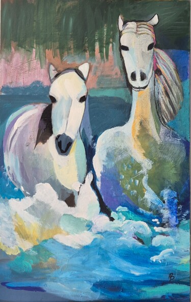 绘画 标题为“Chevaux blancs” 由Valérie Blum (Valery), 原创艺术品, 丙烯 安装在木质担架架上