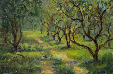 Яблоневый сад летом Peinture intitulée "Яблоневый сад летом" par Aleksandra Serova, Œuvre d'art originale, Huile Monté sur Carton