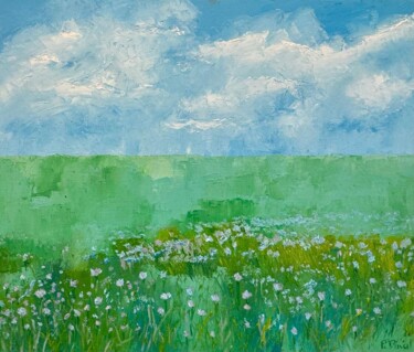 Schilderij getiteld "champ de lin en fle…" door Florence Duval, Origineel Kunstwerk, Olie