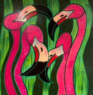 Painting titled "Tribu de Flamants" by Stephanie Bernard, Original Artwork, Acrylic Mounted on Wood Stretcher frame