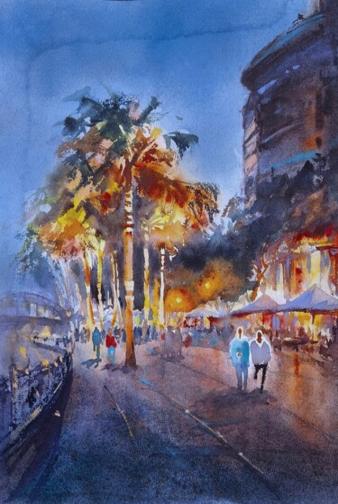 Painting titled "Evening Sydney" by Marina Zhukova, Original Artwork, Watercolor