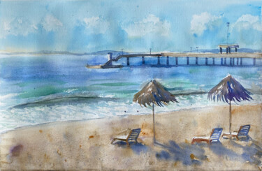 «Beachside Serenity» - Watercolor on the Coast Near the Pier Peinture intitulée "«Beachside Serenity…" par Katerina Morozova, Œuvre d'art originale, Aquarelle