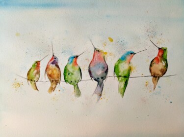 Schilderij getiteld "Colibris sur le fil" door Marina Mothes, Origineel Kunstwerk, Aquarel