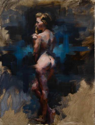 Figure in midnight blue Peinture intitulée "Figure in midnight…" par Romain Eugène, Œuvre d'art originale, Huile Monté sur Panneau de bois