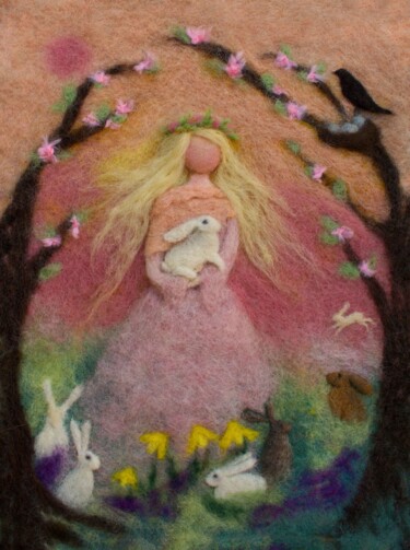 Текстильное искусство под названием "Ostara Rabbits" - Christine Denorme, Подлинное произведение искусства, Текстильное воло…