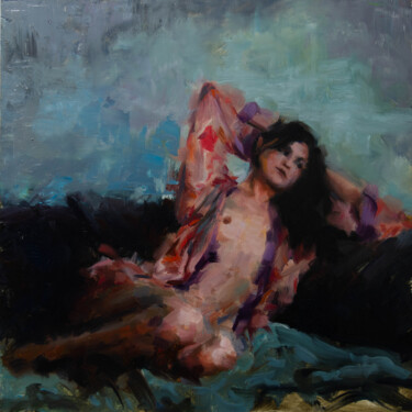 Relaxed in a Floral Embrace Peinture intitulée "Relaxed in a Floral…" par Romain Eugène, Œuvre d'art originale, Huile Monté sur Panneau de bois