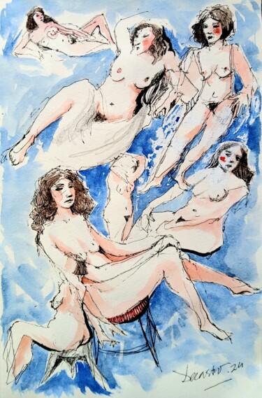 绘画 标题为“Les dames du boudoir” 由Decastro, 原创艺术品, 水彩