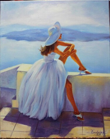Painting titled "Girl in white" by Svitlana Syniavska, Original Artwork, Oil Mounted on Wood Stretcher frame