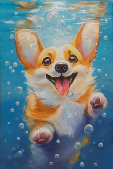 Schilderij getiteld "Corgi" door Svitlana Syniavska, Origineel Kunstwerk, Olie Gemonteerd op Frame voor houten brancard