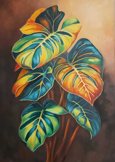 绘画 标题为“Monstera” 由Svitlana Syniavska, 原创艺术品, 油 安装在木质担架架上