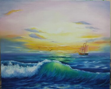 Painting titled "Seascape" by Svitlana Syniavska, Original Artwork, Oil Mounted on Wood Stretcher frame