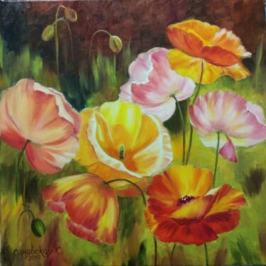 Painting titled "Flowers" by Svitlana Syniavska, Original Artwork, Oil Mounted on Wood Stretcher frame