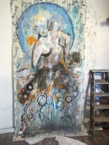 제목이 "Bleue Bulle"인 미술작품 Fabienne Benveniste로, 원작, 아크릴 나무 들것 프레임에 장착됨