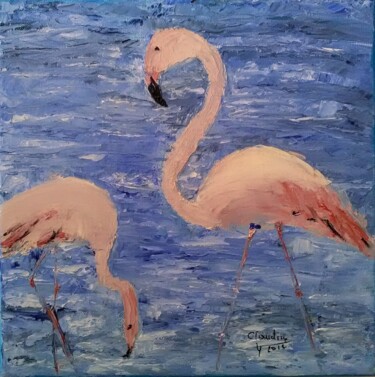 绘画 标题为“Les Flamants Roses…” 由Claudine Brazzi, 原创艺术品, 油 安装在木质担架架上