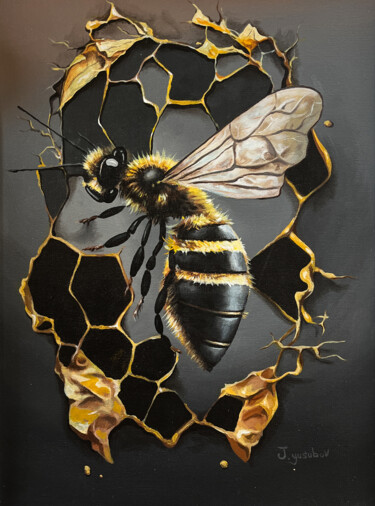 Golden Harmony: Acrylic Painting of Bee on Honeycomb 绘画 标题为“Golden Harmony: Acr…” 由Jamol Yusubov, 原创艺术品, 丙烯 安装在其他刚性面板上