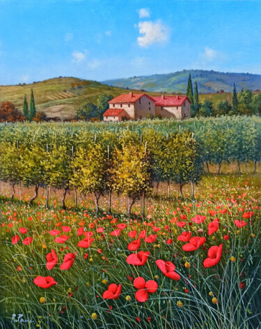 Painting titled "Quiet flowered vine…" by Raimondo Pacini, Original Artwork, Oil Mounted on Wood Stretcher frame