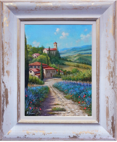 The lavender field - Tuscany landscape painting & frame 绘画 标题为“The lavender field…” 由Raimondo Pacini, 原创艺术品, 油 安装在木质担架架上