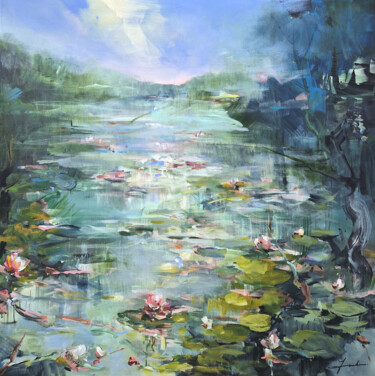 Ζωγραφική με τίτλο "Water lily pond in…" από Irina Laube, Αυθεντικά έργα τέχνης, Ακρυλικό Τοποθετήθηκε στο Ξύλινο φορείο σκε…