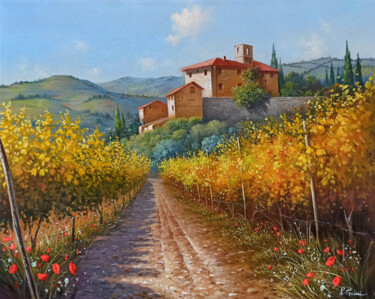 Painting titled "The path of vineyar…" by Raimondo Pacini, Original Artwork, Oil Mounted on Wood Stretcher frame