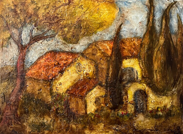 Painting titled ""Mas vers Mormoiron…" by Jean Xavier Combe, Original Artwork, Oil Mounted on Wood Stretcher frame
