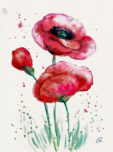 Painting titled "Red poppys" by Yulia Belasla, Original Artwork, Watercolor