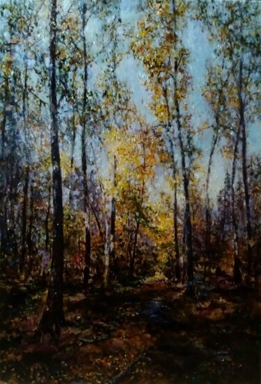 Painting titled "November Forest" by Maria Bel, Original Artwork, Oil Mounted on Cardboard