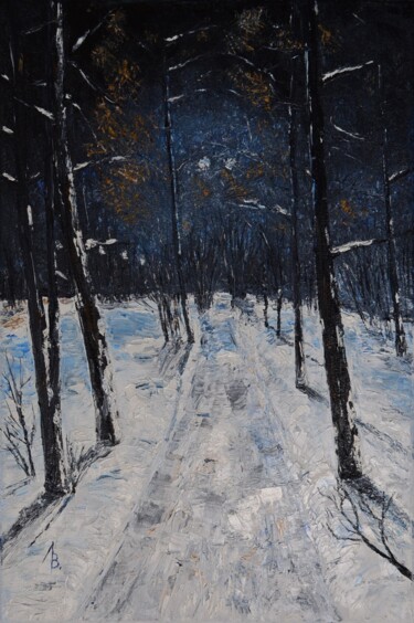 Winter alley lit by lanterns Malerei mit dem Titel "Winter alley lit by…" von Vladimir Lebedev, Original-Kunstwerk, Öl Auf Keilrahmen aus Holz montiert