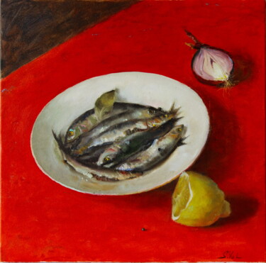 Peinture intitulée "Black sea sprat" par Svitlana Vol, Œuvre d'art originale, Huile Monté sur Châssis en bois