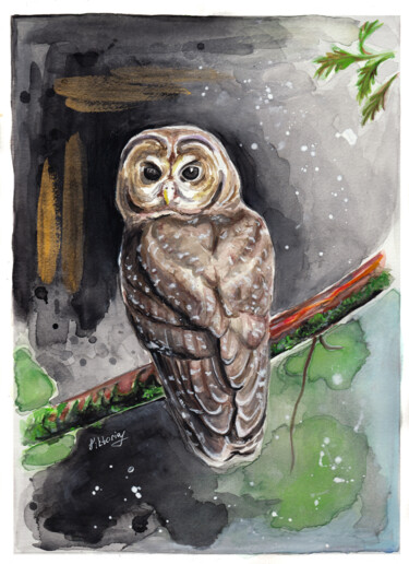Owl in a forest 图画 标题为“Owl in a forest” 由Viktoryia Lautsevich, 原创艺术品, 水彩