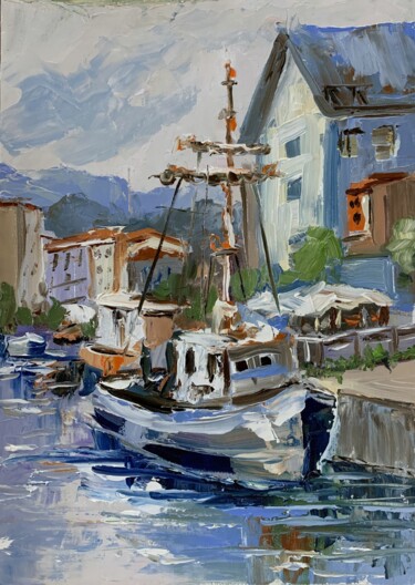 Peinture intitulée "Harbor Idyll. Yacht…" par Vita Schagen, Œuvre d'art originale, Huile Monté sur Carton