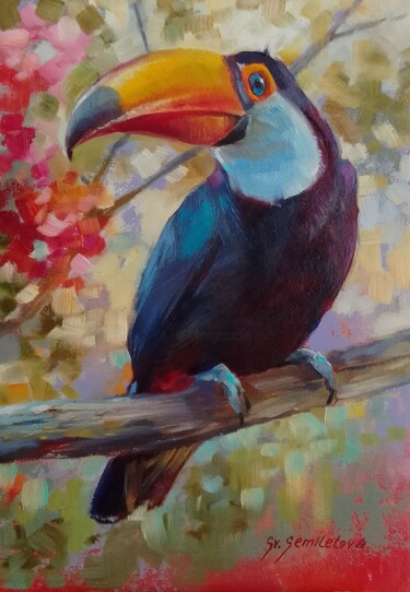 Painting titled "Toucan on a Branch" by Svetlana Semiletova, Original Artwork, Oil Mounted on Cardboard