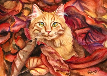Cat in leaves Disegno intitolato "Cat in leaves" da Viktoryia Lautsevich, Opera d'arte originale, Acquarello