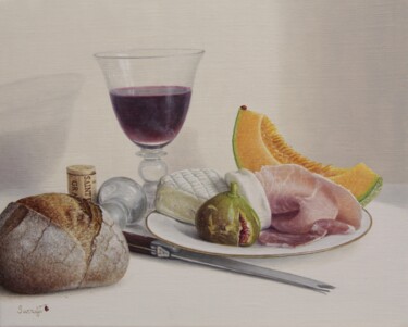 Painting titled "Dégustation de la t…" by Reza Sarrafi, Original Artwork, Oil Mounted on Wood Stretcher frame