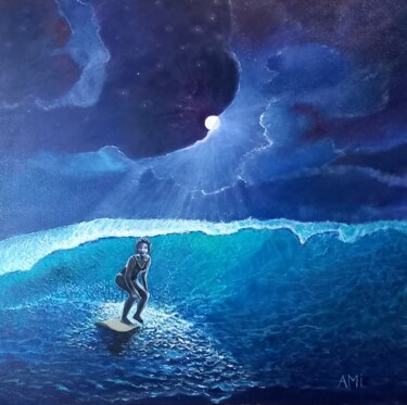 Peinture intitulée "La surfeuse de Lune" par Ami, Œuvre d'art originale, Huile Monté sur Châssis en bois
