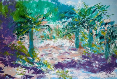 Painting titled "La Bambouseraie" by Claudine Brazzi, Original Artwork, Oil Mounted on Wood Stretcher frame