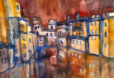 绘画 标题为“Old town at night” 由Alexey Zhucovsky, 原创艺术品, 水彩