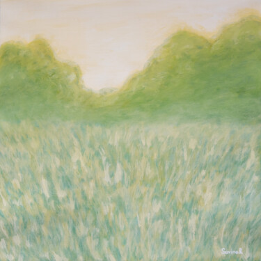 Painting titled "Dawn in the field" by Rimma Savina, Original Artwork, Acrylic Mounted on Wood Stretcher frame