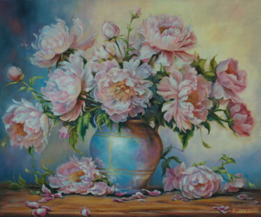 Painting titled "Beautiful peonies i…" by Rita Cemkalo, Original Artwork, Oil