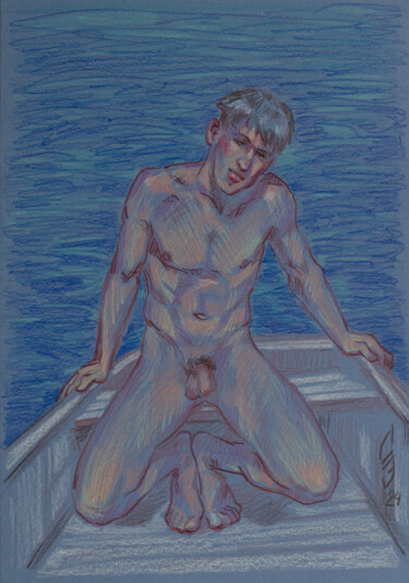 On a boat on the river Dessin intitulée "On a boat on the ri…" par Sergey Sovkov, Œuvre d'art originale, Conté
