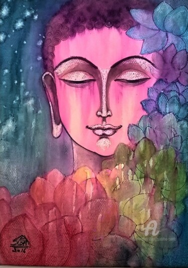 Painting titled "SEVEN LOTUSES BUDDHA" by Suddha Sama, Original Artwork, Ink