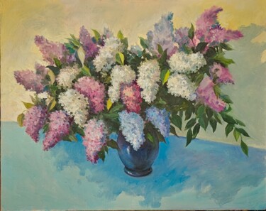 Schilderij getiteld "Сирень в вазе" door Vitalij Valsamaki, Origineel Kunstwerk, Olie Gemonteerd op Frame voor houten branca…