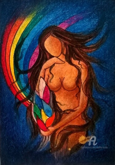 Painting titled "LADY WITH RAINBOW" by Suddha Sama, Original Artwork, Pastel
