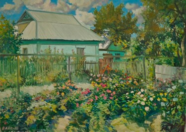 Schilderij getiteld "Цветущий август" door Vitalij Valsamaki, Origineel Kunstwerk, Olie Gemonteerd op Frame voor houten bran…