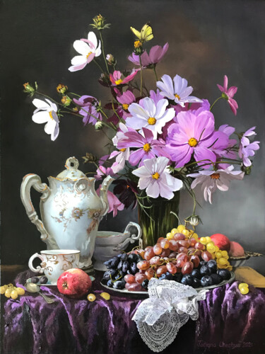 Rich Still Life with Velvet (Cosmos Flowers) Painting titled "Rich Still Life wit…" by Tatjana Cechun, Original Artwork, Oil