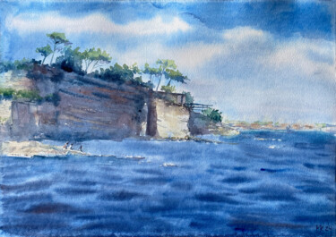 People sitting on the shore, view of Zakynthos Island Painting titled "People sitting on t…" by Katerina Morozova, Original Artwork, Watercolor