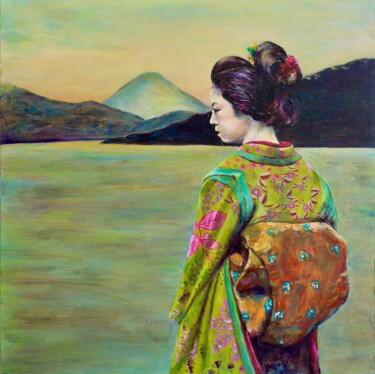 Malerei mit dem Titel "Geisha am Hakon See" von Dinara Daniel, Original-Kunstwerk, Acryl Auf Holzplatte montiert