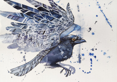 Painting titled "The space crow" by Yulia Belasla, Original Artwork, Watercolor
