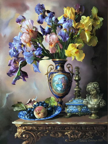 Lush Bouquet of Irises with a Girl Painting titled "Lush Bouquet of Iri…" by Tatjana Cechun, Original Artwork, Oil