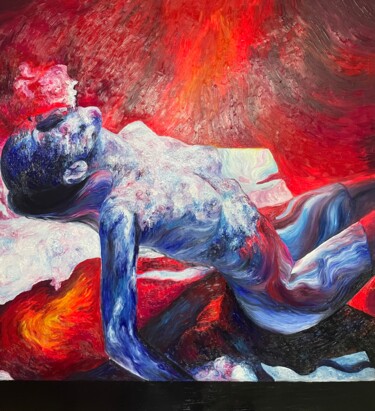 绘画 标题为“Indigo on red.” 由Alexandra Voronina, 原创艺术品, 油 安装在木质担架架上