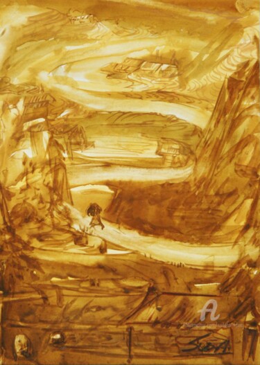 Painting titled "sepia valley 1" by Suddha Sama, Original Artwork, Watercolor